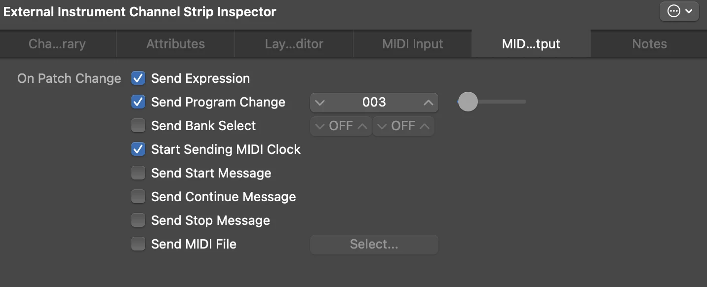 MainStage's External Instrument Channel Strip Inspector, MIDI Output tab: Send Program Change at 003 and Start Sending MIDI Clock selected