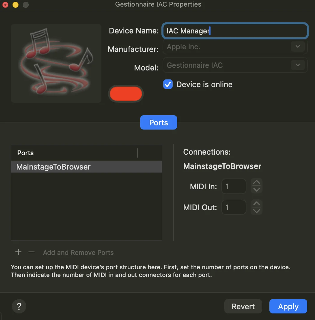 The IAC Driver properties in Audio MIDI Setup: Device is online selected, and a bus in the list of ports