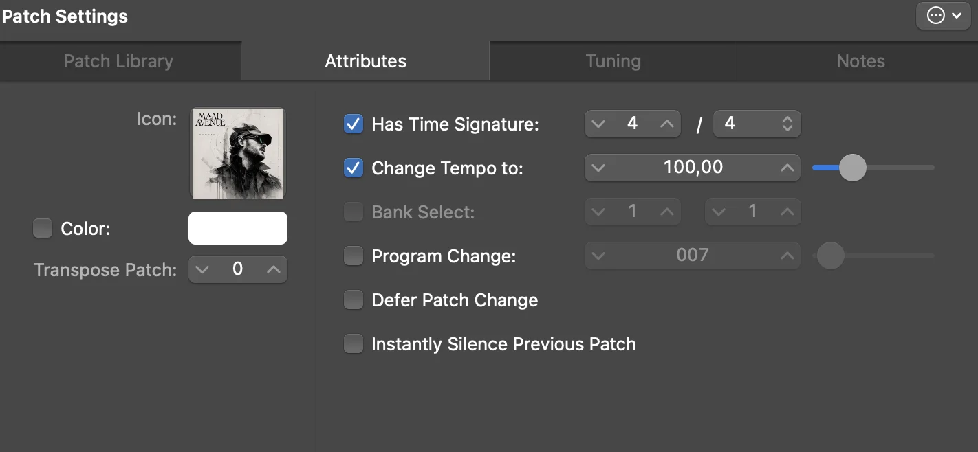 MainStage's Patch Settings, Attributes tab: Change Tempo to selected, at 100 BPM