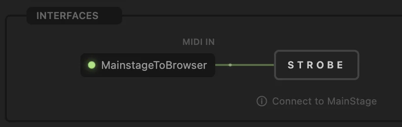 Strobe's Interfaces section: a MIDI bus connected to Strobe, with a green dot