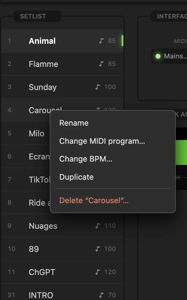 Strobe's setlist: each song with its MIDI program and BPM, and the right-click menu with Change MIDI program and Change BPM